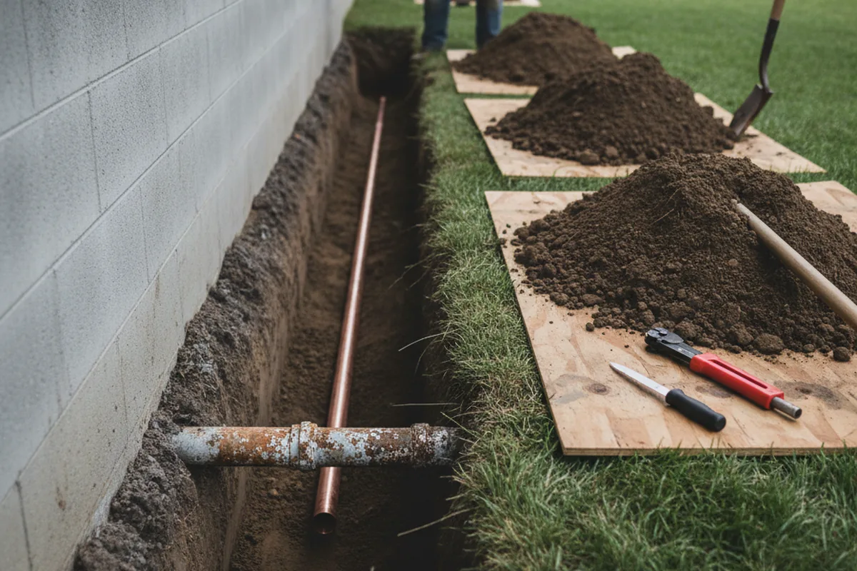 Excavated water line trench during Sewer Line Repair in Monon